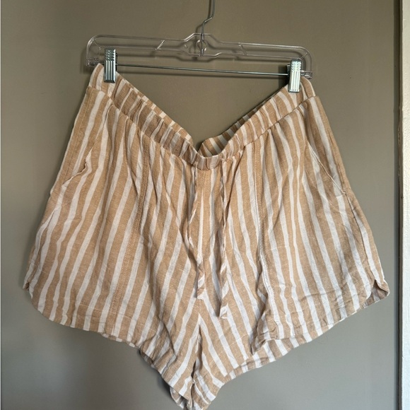High-Rise Linen Striped Tan Women's Shorts - Picture 1 of 7